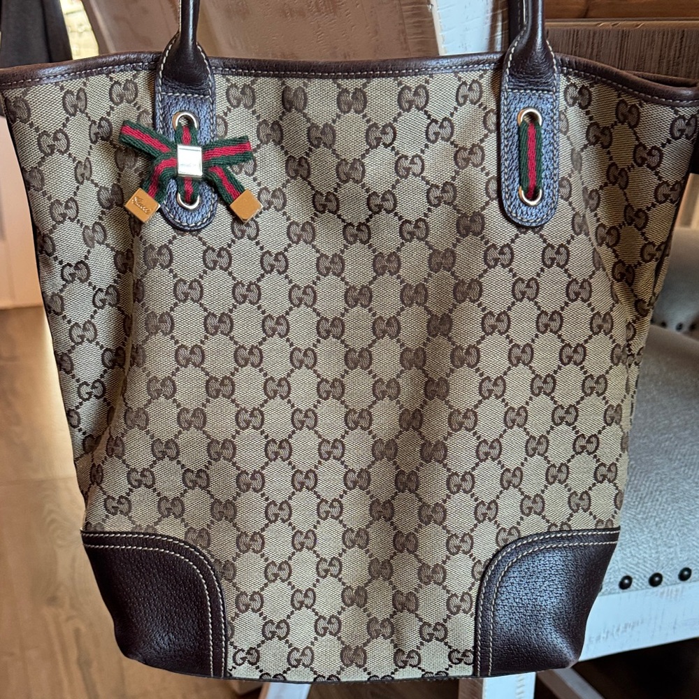 Vintage Gucci Beige and Brown Canvas Tote with Leather Trim